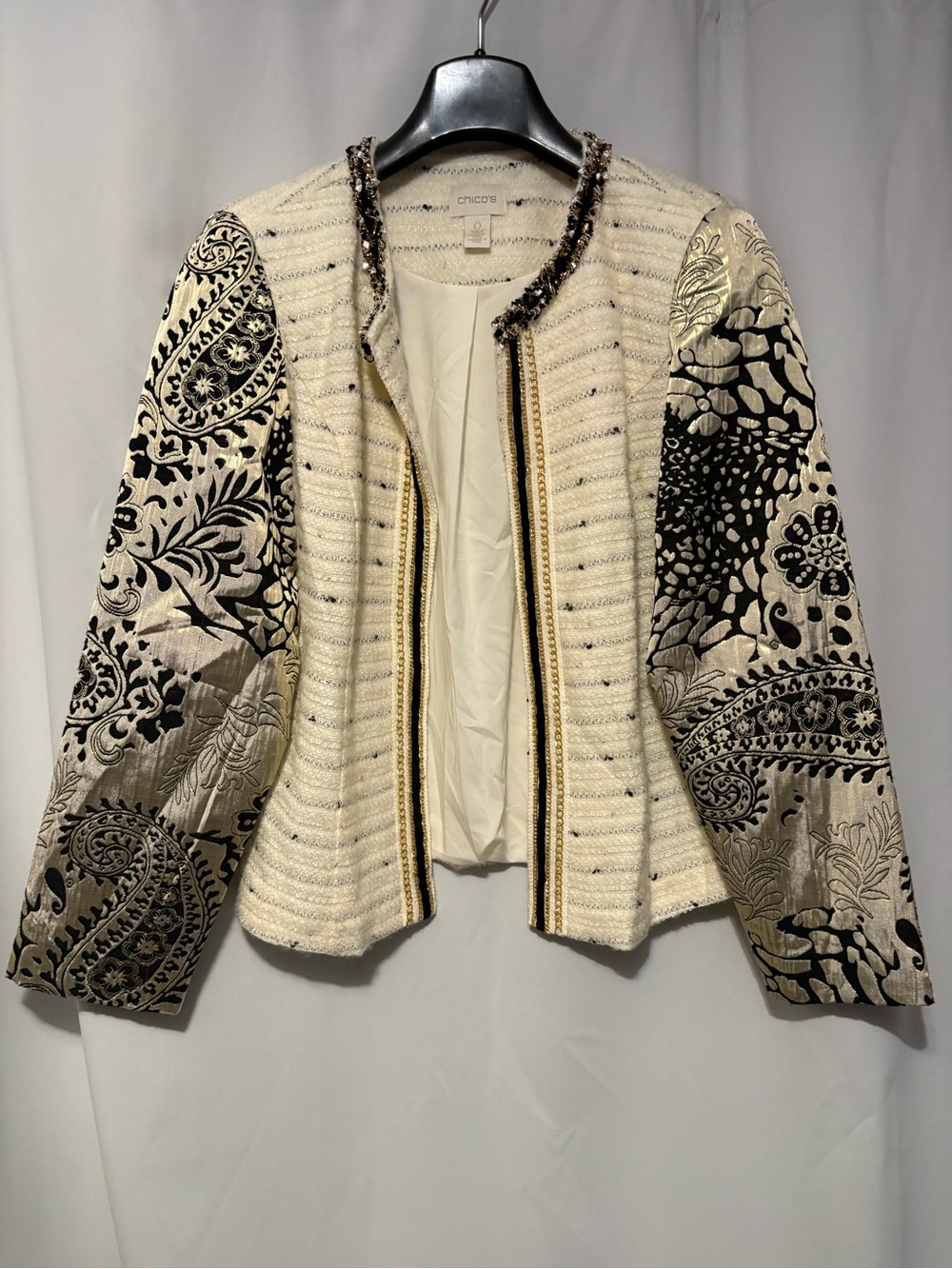 Chico's Cream Tweed Jacket with Black and Gold-Trimmed Patterned Sleeves